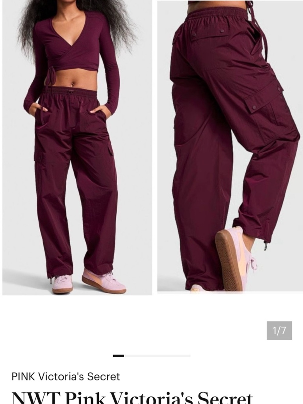 NWT PINK Victoria's Secret Burgundy Cargo Track Pants [Size Large]
